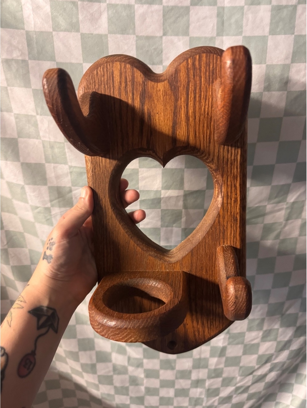 Vintage Wooden Wall Hook Rack with Heart Cutout